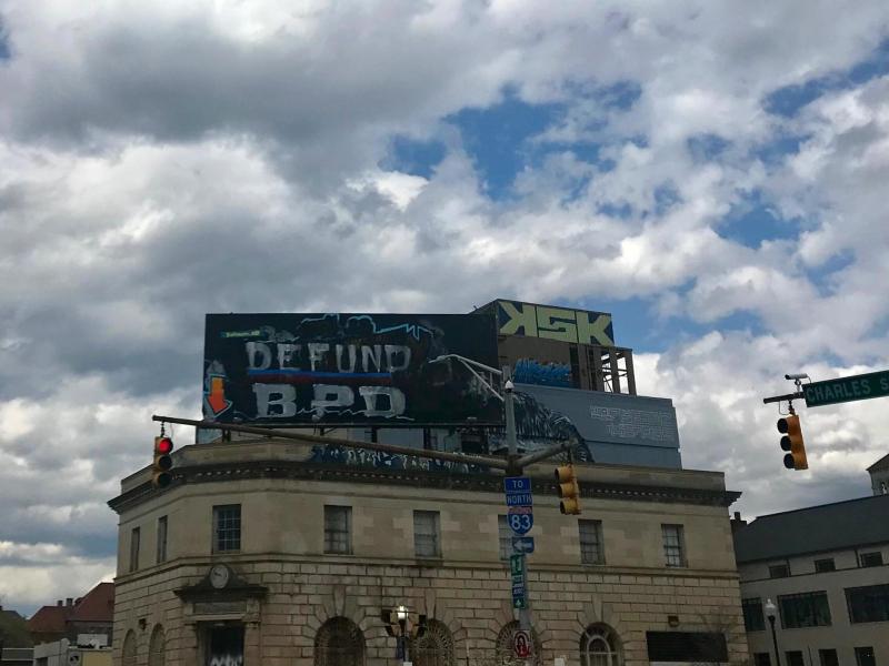 'DEFUND BPD' billboard on North Ave. in Baltimore City on Apr. 8, 2022