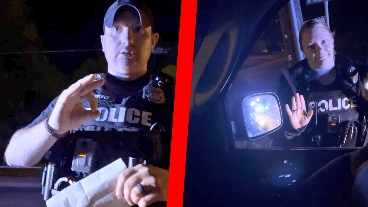 On the left a male police officer holds up a traffic ticket while making an "ok" sign with his hand. On the right, a female police officer holds up a hand defensively.