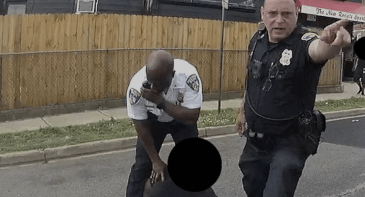 Sgt. Ethan Newberg of the Baltimore City Police Department falsely imprisoning a resident. Image courtesy of Baltimore city police department.