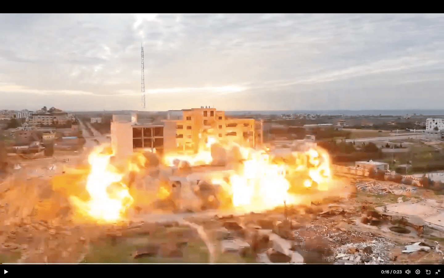 Screenshot from a video showing the destruction of al-Israa University by the Israeli military.