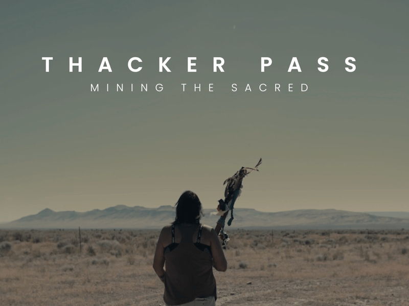 An Indigenous woman stands with her back facing the camera. She is wearing a tank top and pants with muted colors. She looks out over the desert at Thacker Pass. In her hands is an eagle staff, with feathers visible in the silhouette.